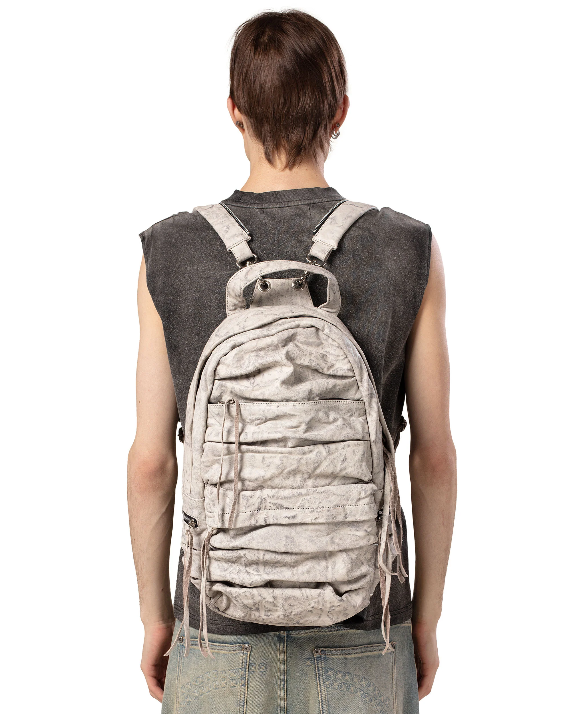White Split Strap Leather Backpack - Image 3