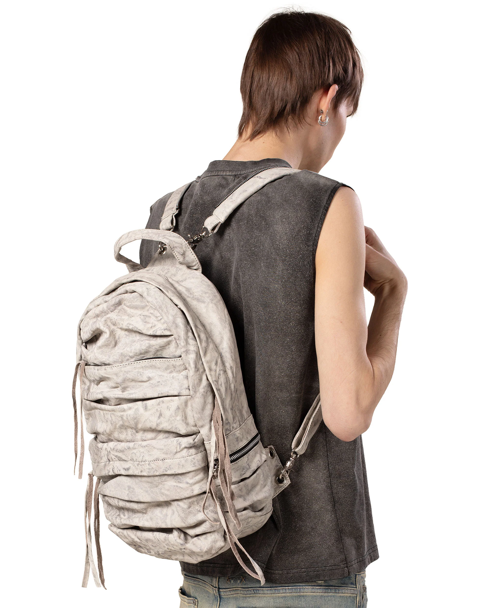 White Split Strap Leather Backpack - Image 4