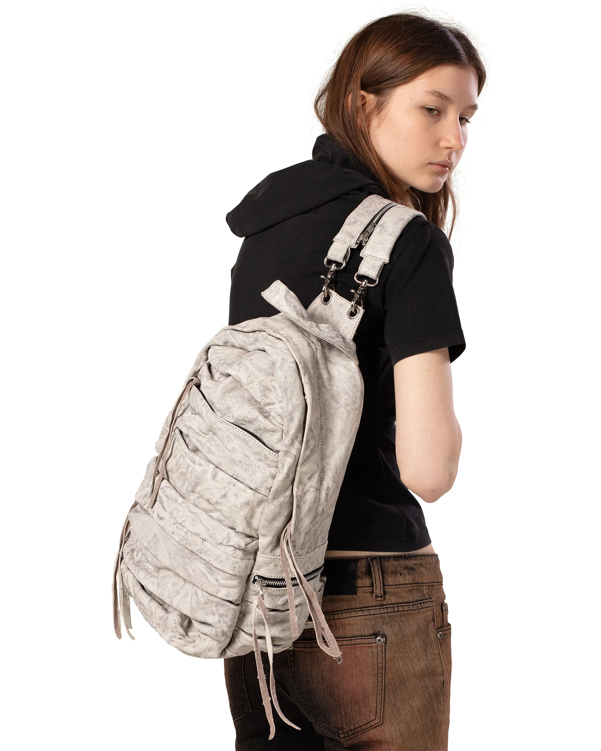 White Split Strap Leather Backpack - Image 5